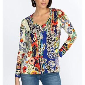 Johnny‎ Was Wild Flower Favorite Long Sleeve V-Neck Swing Tee Small NEW
